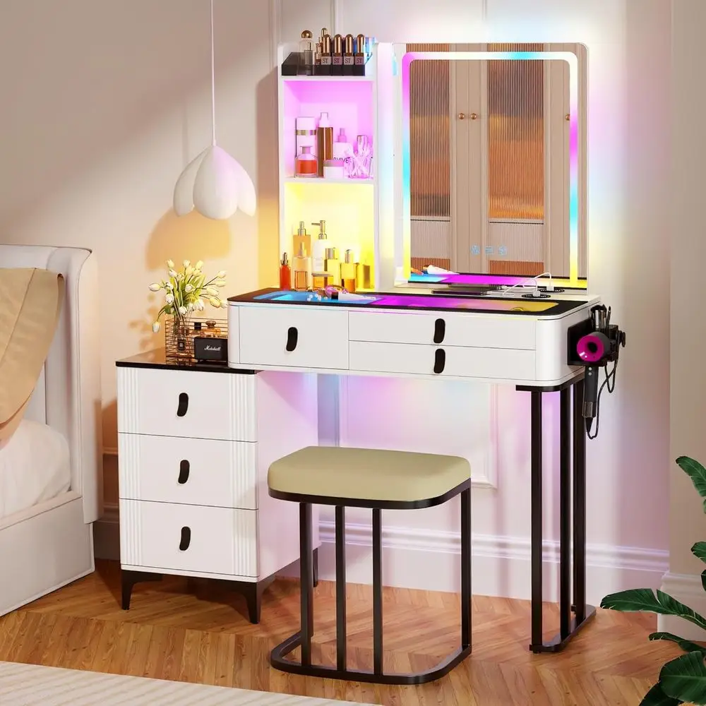 

RGB Vanity Desk with Mirror and Lights, Glass Top Makeup Vanity Table with WirelCharging Station, Girl Vanity,Dring Table with C