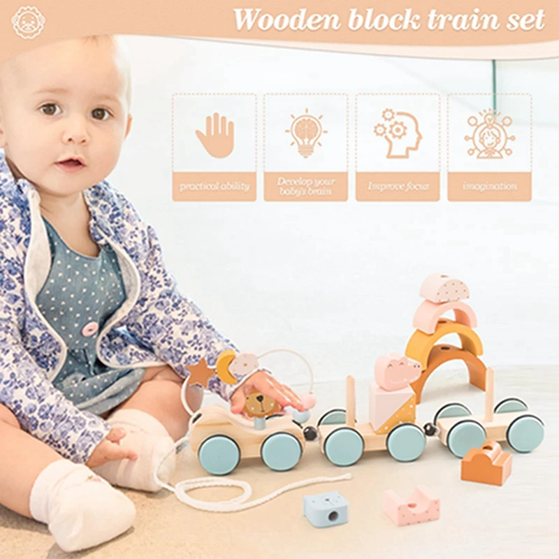 Conjunto de trem de madeira Montessori, desenhos animados para bebês, blocos de construção de carrinho de animais ao redor de contas para empilhar brinquedos de mão para decoração de quarto de bebê presente