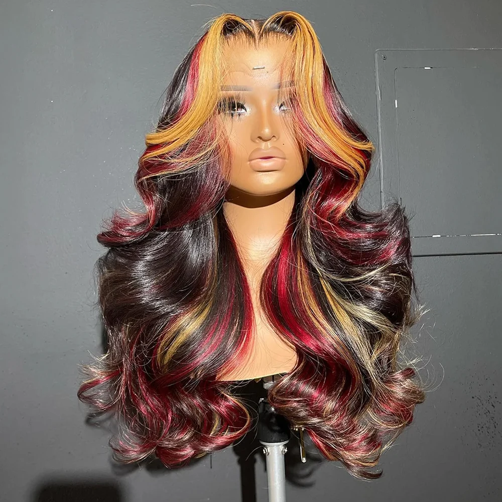 

Парики в полоску Skunk Черный Красный Блондин Мелирование Парик Синтетический 13x4 HD Объемная волна Парики спереди Предварительно выщипанные с волосами ребенка