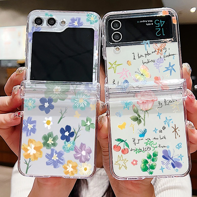 Cartoon Flowers Transparent Case For Samsung Galaxy Z Flip7 FE Flip5 Flip6 Folding Hard Phone Cover For Samsung Z Flip 7 6 5 4 3