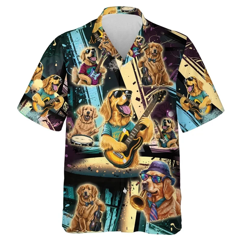 3D Print Dogs Music Pattern Beach Shirts Short Sleeve Funny Pet Dog Graphic Single Button Shirts For Men Lapel Blouse Tops