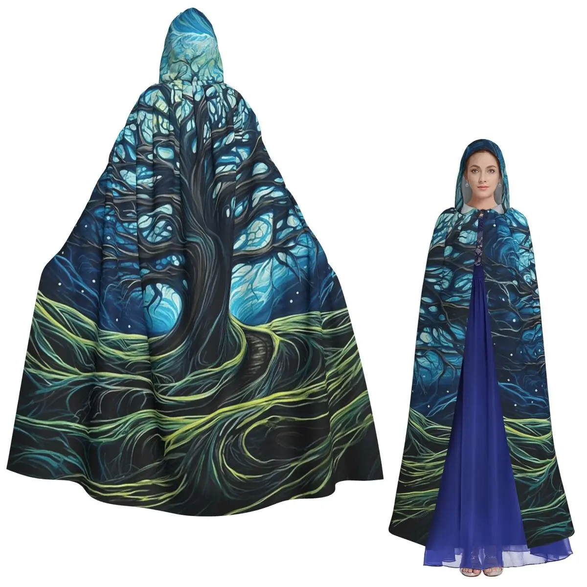 

Magic Green Tree Long Hooded Cloak Witch Medieval Costume Cosplay Cape HalloweenParty Adult Unisex