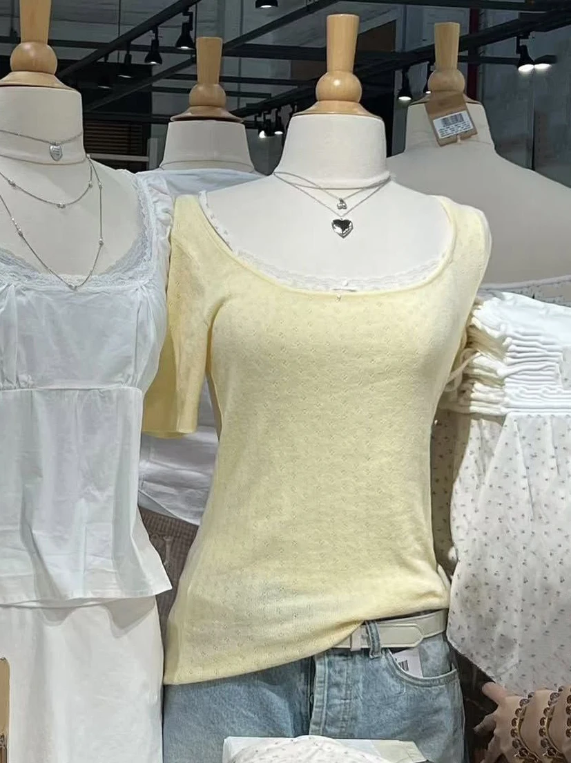 

Eyelet Yellow Slim Woman's T-shirt Autumn Scoop Neck Short Sleeve Cotton Tshirt Female Solid Simple Preppy Style Knitted Tee Top