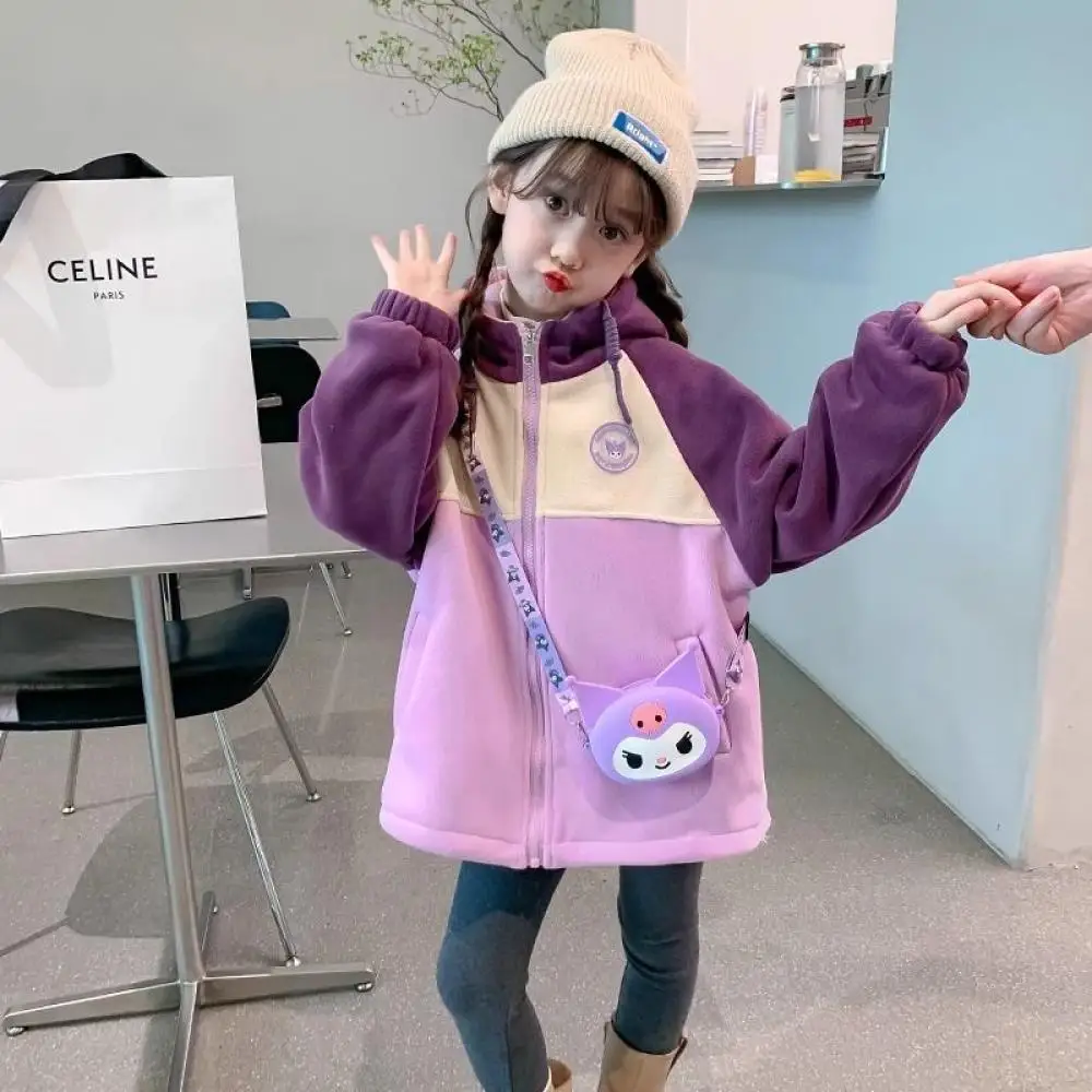 Kawaii Sanrio Kuromi Girls Hooded Coat Kids Anime Thickened Long Sleeve Tops Autumn Winter Zipper Jacket Children's Clothing