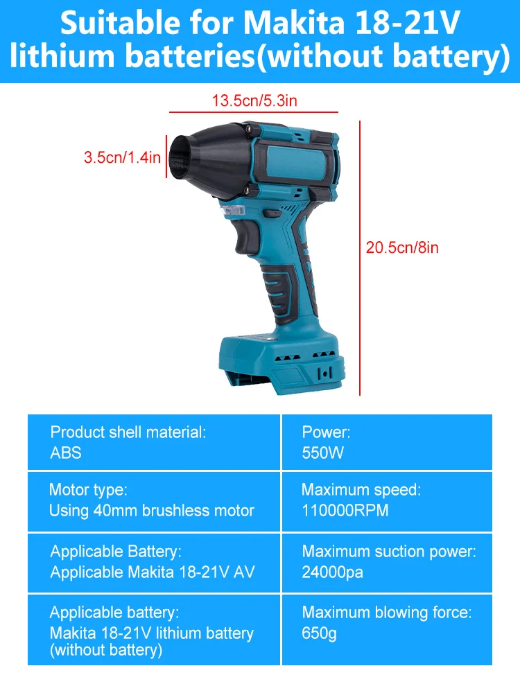 Turbo Fan Air Blower For Makita 18V lithium Battery Jet Fan 40mm Brushless Motor Jet Blower Portable Violent Turbo Fan 110000RPM