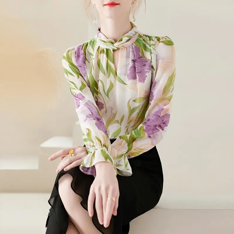 2023 New Spring Elegant Printing Chiffon Half Height Collar Long Sleeve Blouse Women Clothes Temperament Floral Loose Shirts