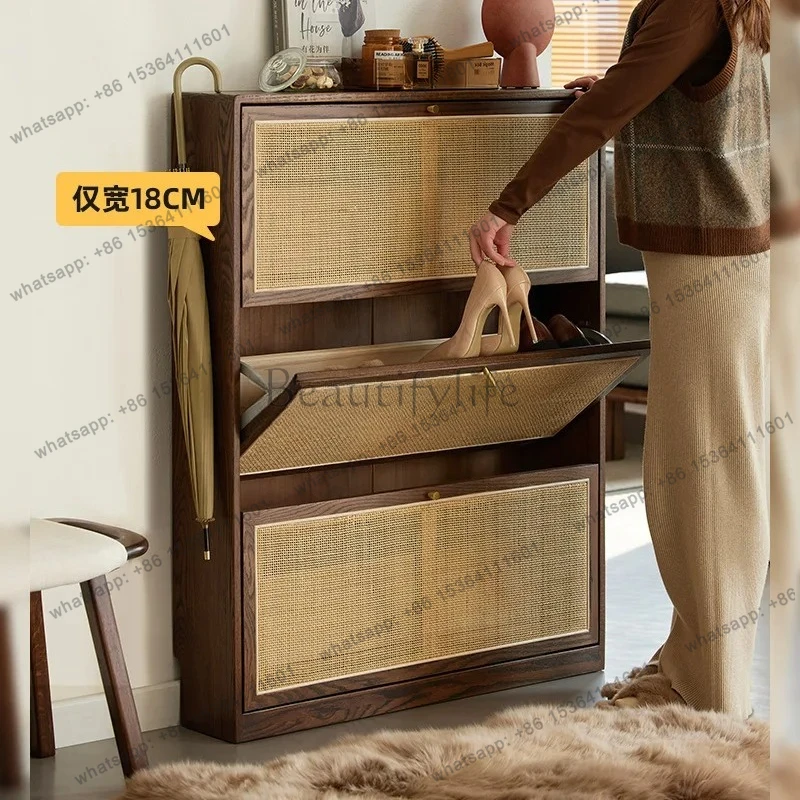 Solid Wood Shoe Cabinet Flip Storage Cabinet Small Household Natural Wood Style Rattan Ultra-Thin Shoe Rack Entryway Cabinet