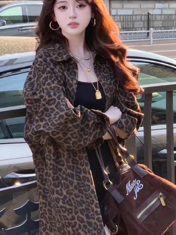 

Women's Fce Lined Long Sve irt Jaet Loose Fit Vintage Sle Outerwear Top Leopard Print Regular Sve Polyester Blend