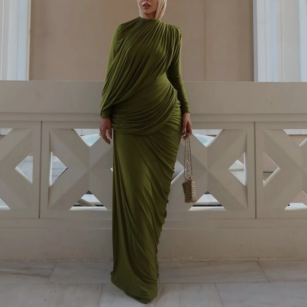 فستان سهرة إسلامي أخضر أنيق مخصص برقبة عالية وأكمام طويلة مطوي حورية البحر طول الأرض فساتين الحفلات الرسمية 2025