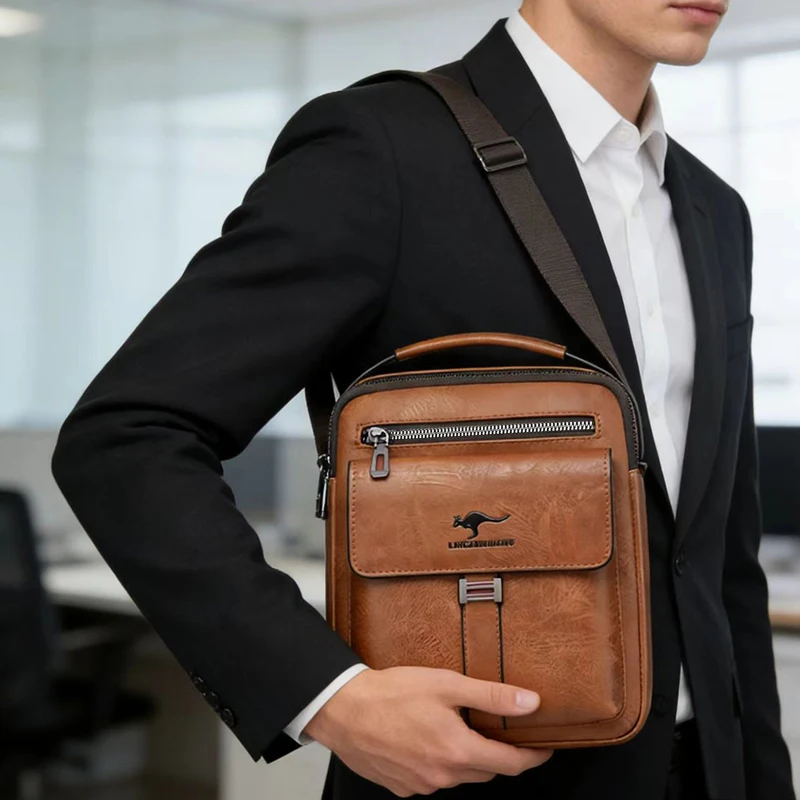 Compact Men's Leather Crossbody Bag, Lightweight Shoulder Bag with Multiple Pockets, Ideal for Travel and Commute Rugged Men's image 5