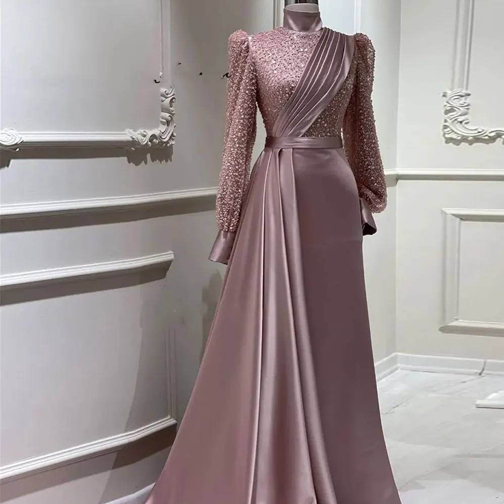 Puffy Shoulder Evening Dresses Long Sleeves Muslim  Beaded Long Sleeves Dinner Gowns Arabic High Neck Prom Dress robe de soree