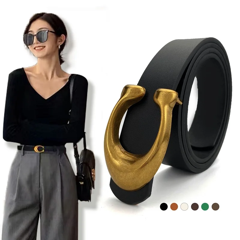 2024 New Fashion Belt Women 105CM Solid PU Leather Brass C Logo Buckle Luxury Vintage Versatile Dress Pants Style Corset  Belt