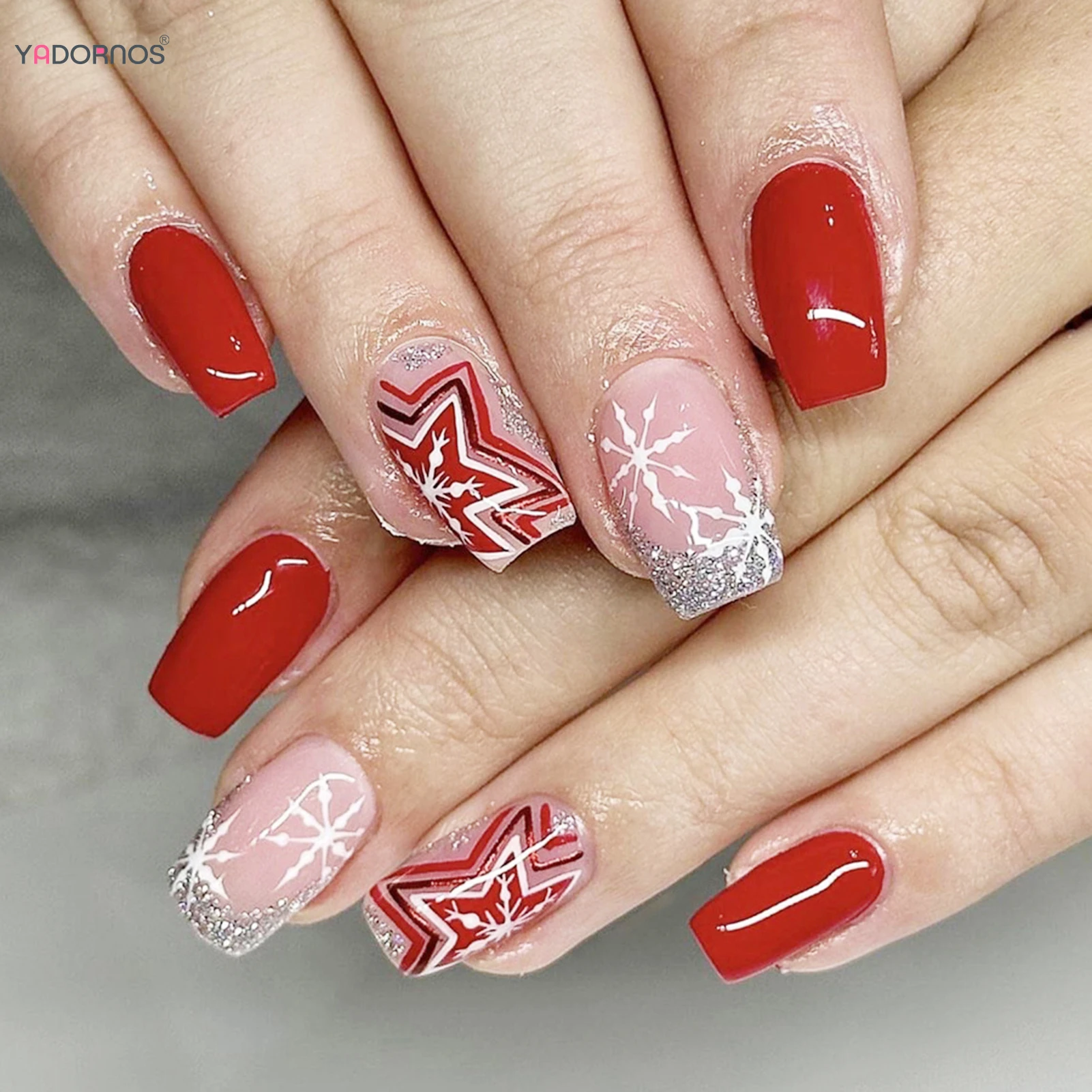 New Christmas Nail Art Press-On Nails Set Short Squre Nail with Holiday Elements Removable Star&Snowflake Pattern DIY Manicure