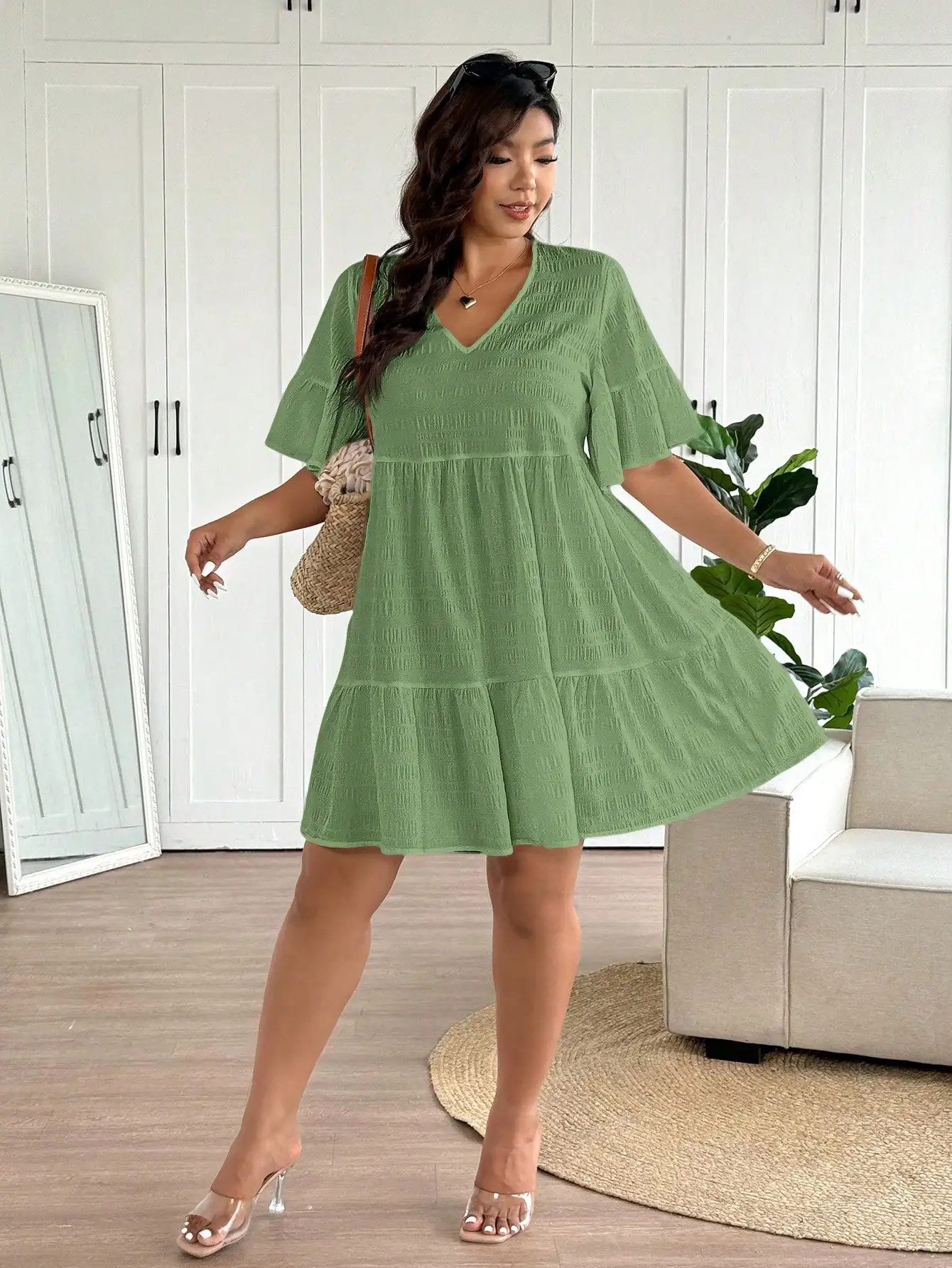 

Зеленое фактурное платье А-силуэта с V-образным вырезом для женщин, летний наряд для отпуска