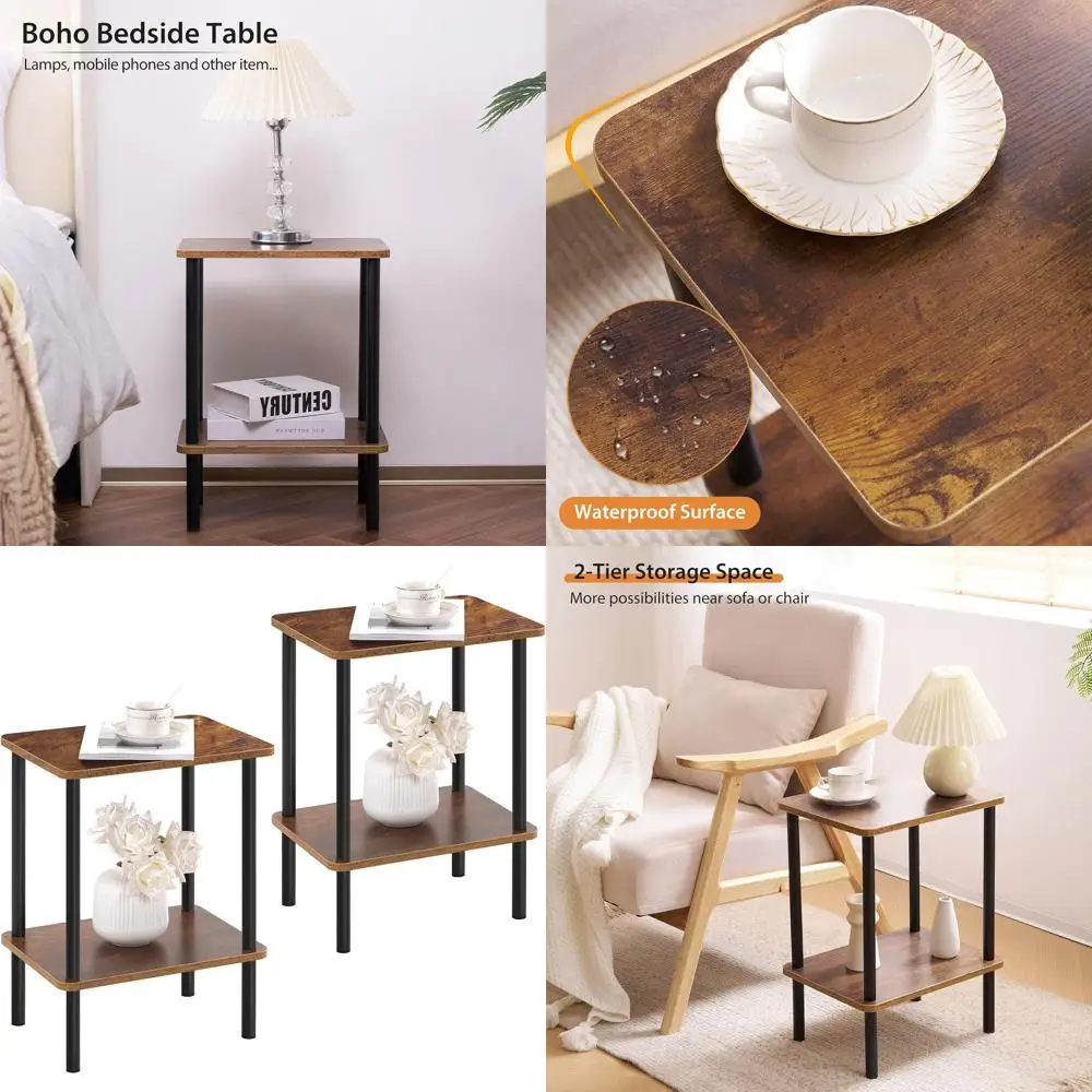 

2-Tier Wooden Side Table Set, Bohemian Style with Storage Shelf, Compact Nightstand for Bedrooms and Living Rooms, Easy Assembly