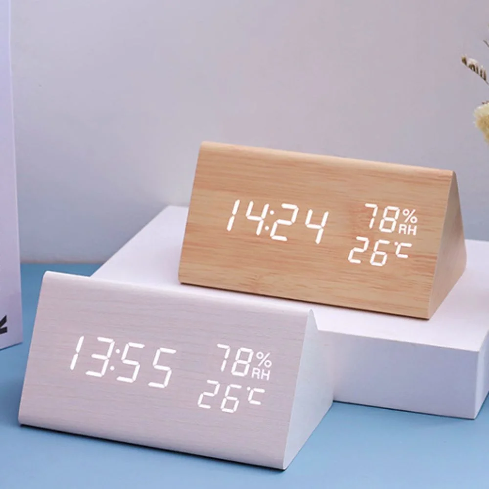 Triangular Wooden LED Alarm Clock Humidity and Temperature Display Voice-activated Electronic Alarm Clock Adjustable Brightness
