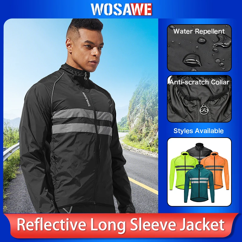 

WOSAWE Men Cycling Windbreaker Jacket Reflective Long Sleeve MTB Road Bike Water Resistant Lightweight Outdoor Bicycle Coat