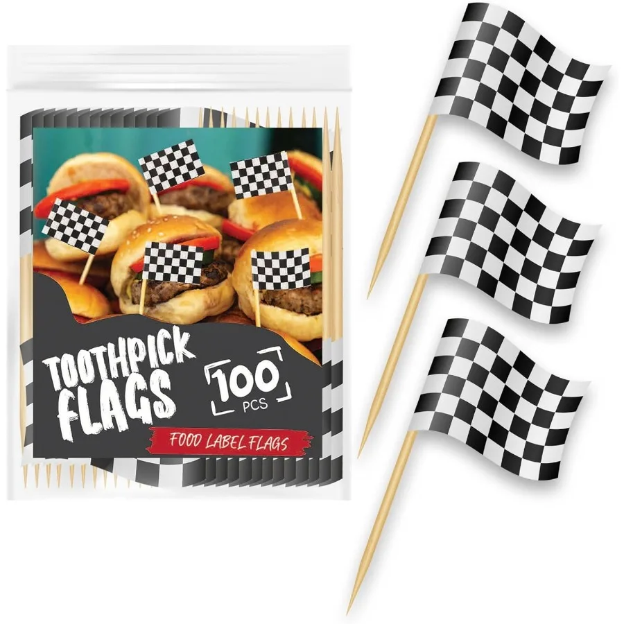 

100 Pack of Checkered Racing Flag Toothpicks Mini Topper Flags for Cupcakes Decoration Supplies for Birthday Party Appetizers