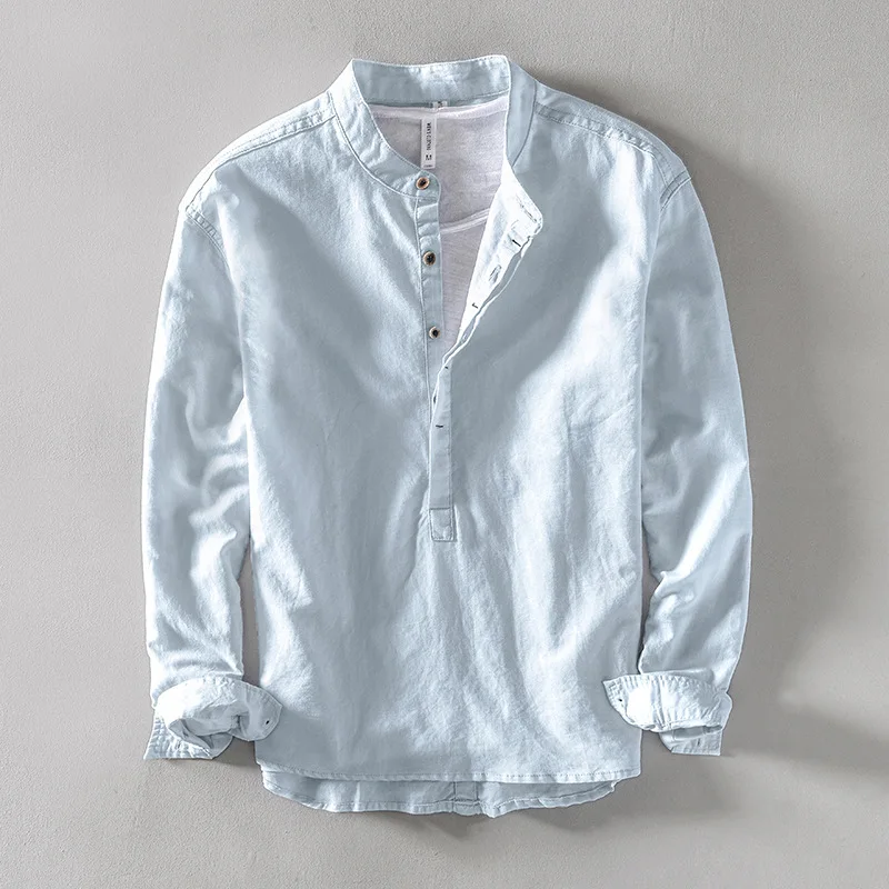 L959 3306 Men's Casual Shirt Korean Style S Cotton Linen Top Comfortable Fit  Neck Nine Sleeve Thickened Fleece Lined