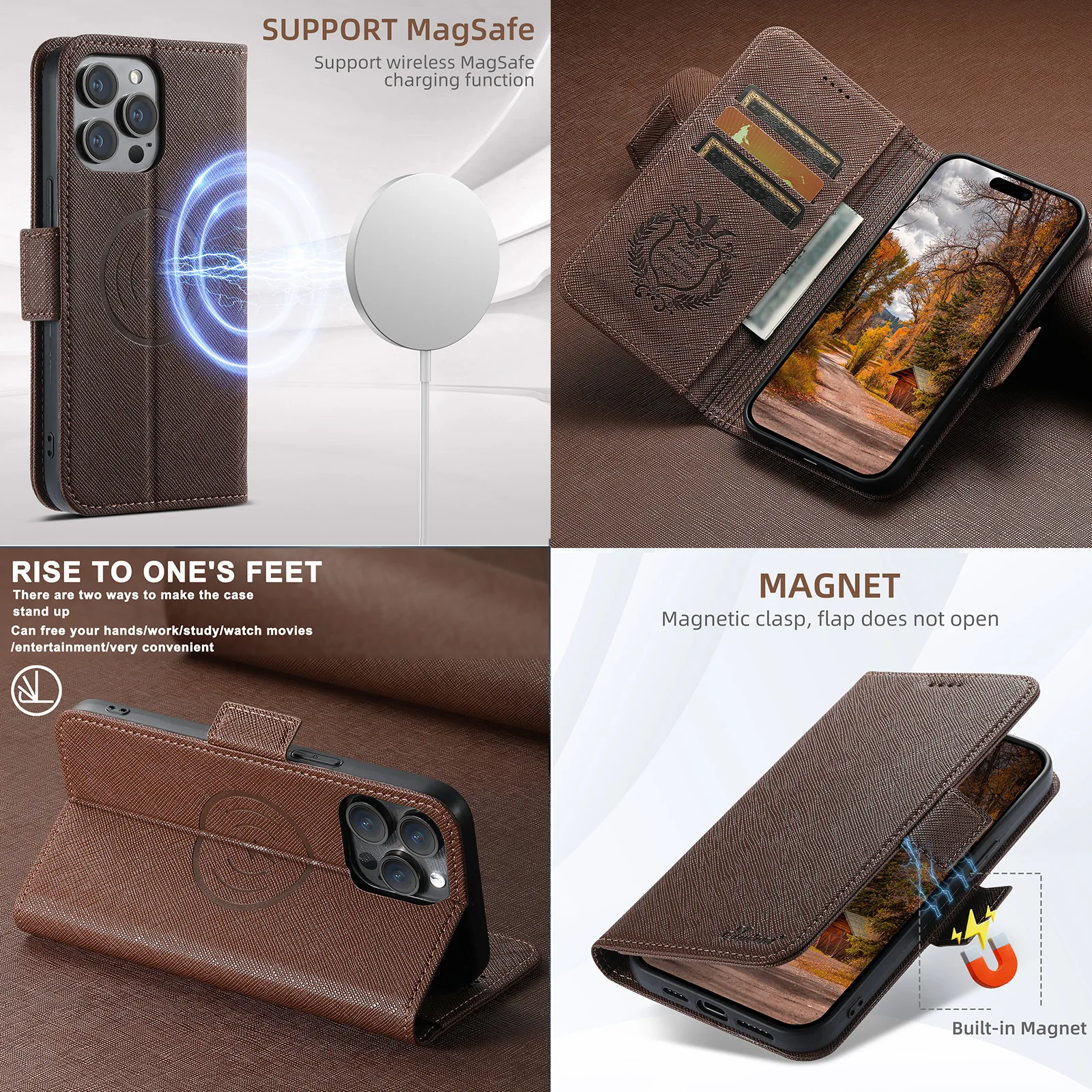 For iPhone 16 15 14 Pro Max 13 12 for Magsafe Kickstand Card Solt Case Wireless Charging Magnetic Leather Wallet Phone Cover