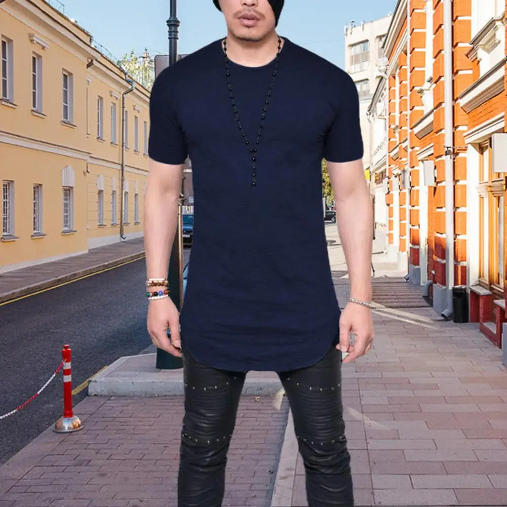 Men T-shirt Solid Color Round Neck Slim Fit Mid Length Short Sleeves Daily Wear Irregular Hem Thin Men Summer Top Men Clothes