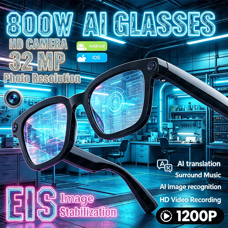 

New Fashion Smart Glasses 800W HD Camera Music AI Translation 1200P Video Recording Anti-shake AI Image Recognition Smartglasses