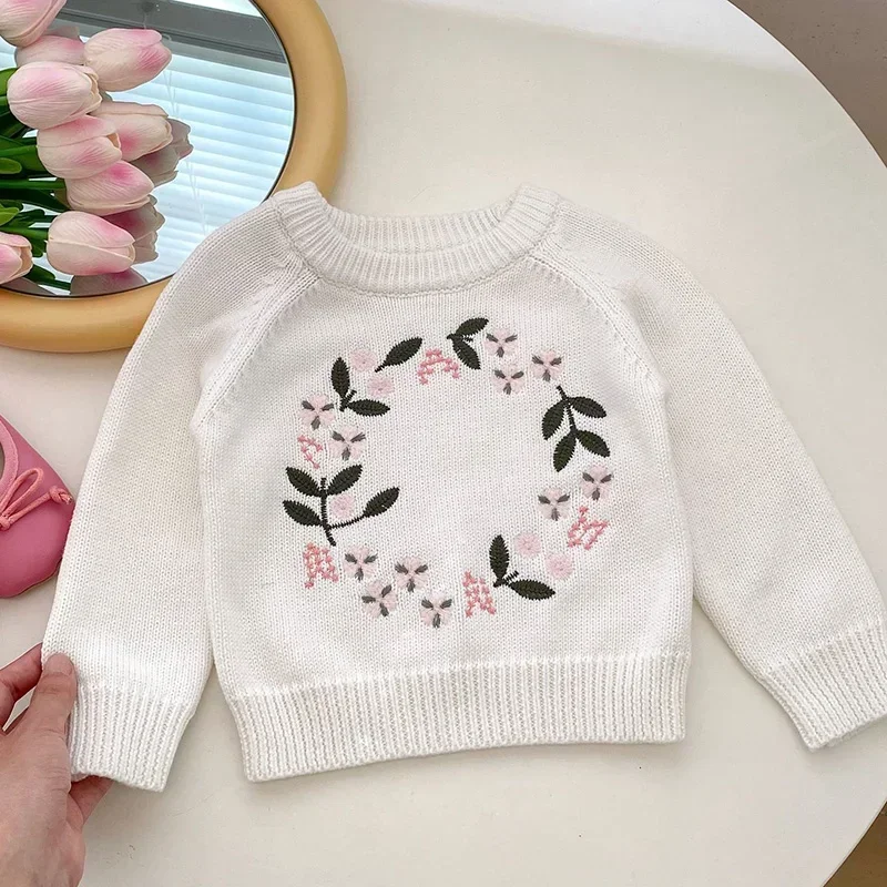 

Baby Girl Long Sleeve Knit Pullover Infant Autumn Princess Flower Embroidery Sweater Girls Knitted Tops Baby Clothes Knitwear
