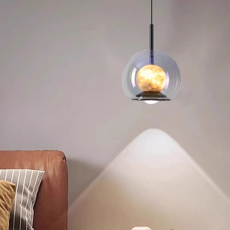

Modern Natural Spanish Marble Pendant Light LED Glass Lampshade Dining Room Bedroom Bedside Hotel Adjustable Luxury Hanging Lamp