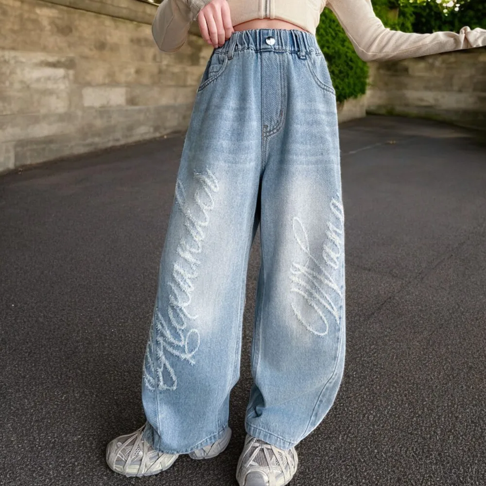 

Spring Young Girls Baggy Jeans for Kids Cargo Pants Children Trousers Wide-Leg Denim Pants for Children 5 7 9 10 12 13 14 Years