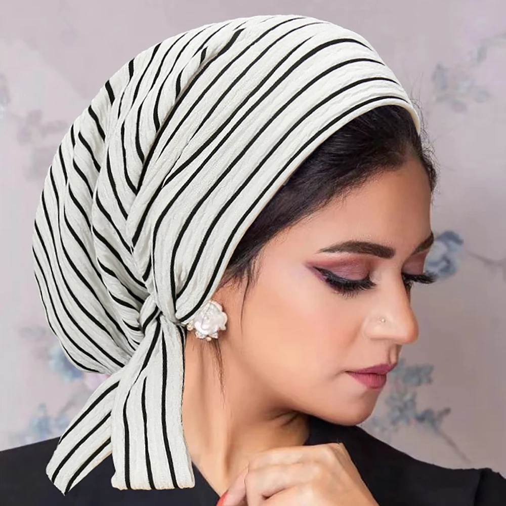 Fashion Pre-Tied Muslim Women Hijab Bonnet Trendy Stripe Pleated Underscarf Turban Chemo Cap Ladies Head Wrap Cover Hijab Scarf