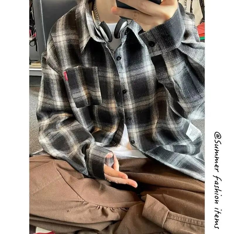 

Trendy Plaid Long Sleeve Shirt Loose Casual Thin Spring Autumn Outerwear for Men And Women Students Comfortable Breathable Po...