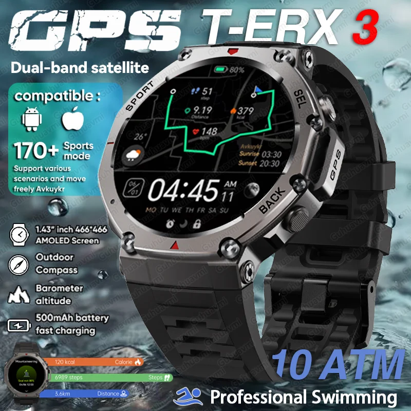 

New T-Rex 3 GPS Military Men Smartwatch 48mm 10ATM Waterproof Fitness Watches gps offline map 170 sport HD Call Clock