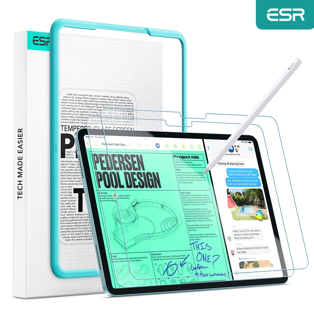 ESR 2 Pack Paper-Feel Screen Protector for iPad 10/11th Generation 9H Tempered Glass Wrting Film For iPad Air 13/11 M2 2024/2025