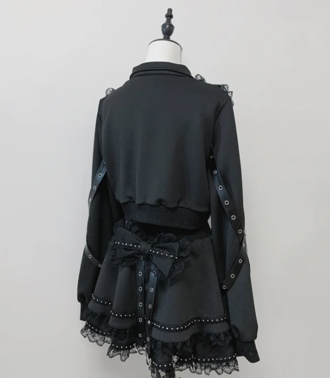 Subculture Black Gothic Sweet Cool Skirt Jacket Leg Warmers Set Spring Autumn New Fashion Sportswear Girls Women's Streetwear