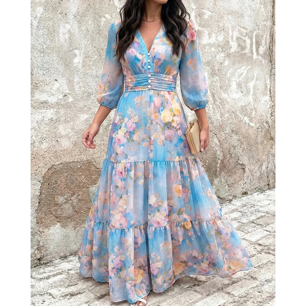 

Women's Watercolor Floral V-Neck Shirred High Waist Maxi Dress Three Quarters Lantern Sleeve A-Line Ruffle Hem Chiffon Vacation