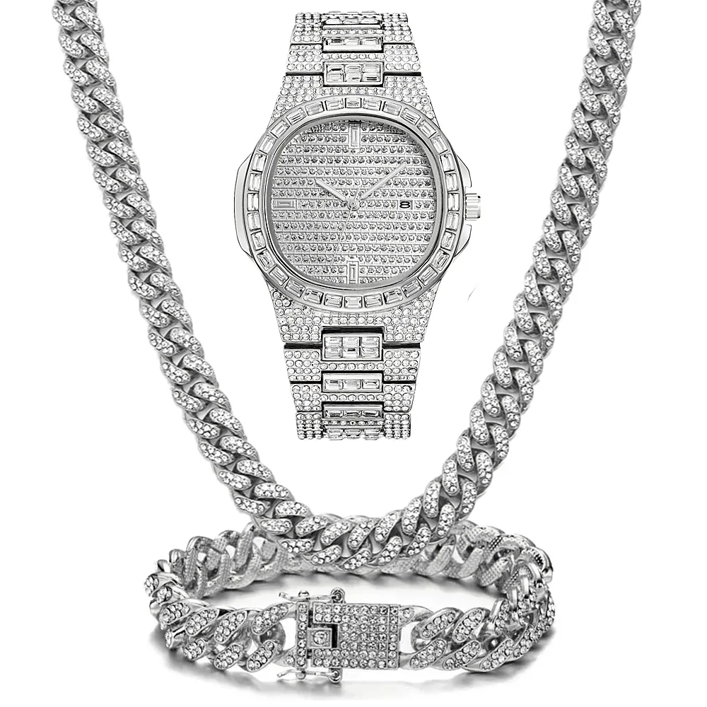 Full Iced Out Watches Men Golden Cuban Link Chain Bracelet Necklace Chokers Rapper Club Bling Fashion Jewelry for Male Gifts Set