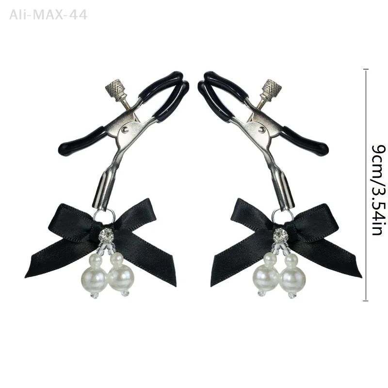 Pink Adjustable Metal Nipple Clamps with Soft Non-Slip Pads Bow Pearl Rhinestone Decor for Couples Intimate Bedroom Play view 6