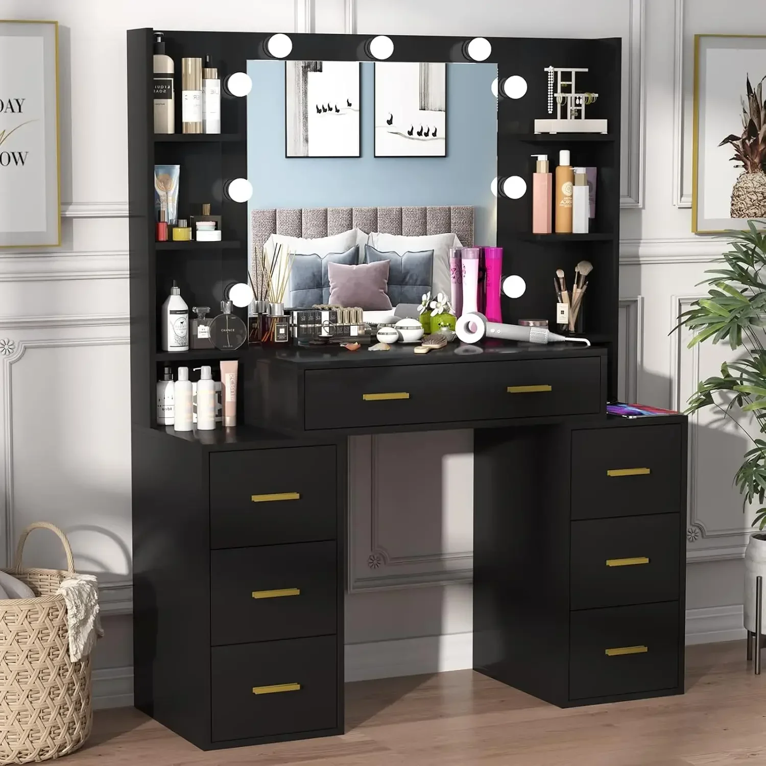 PAKASEPT Vanity Set with Lighted Mirror, 43'' Makeup Vanity with Charging Station, Vanity Desk with 9PCS LED Bulb, Storage