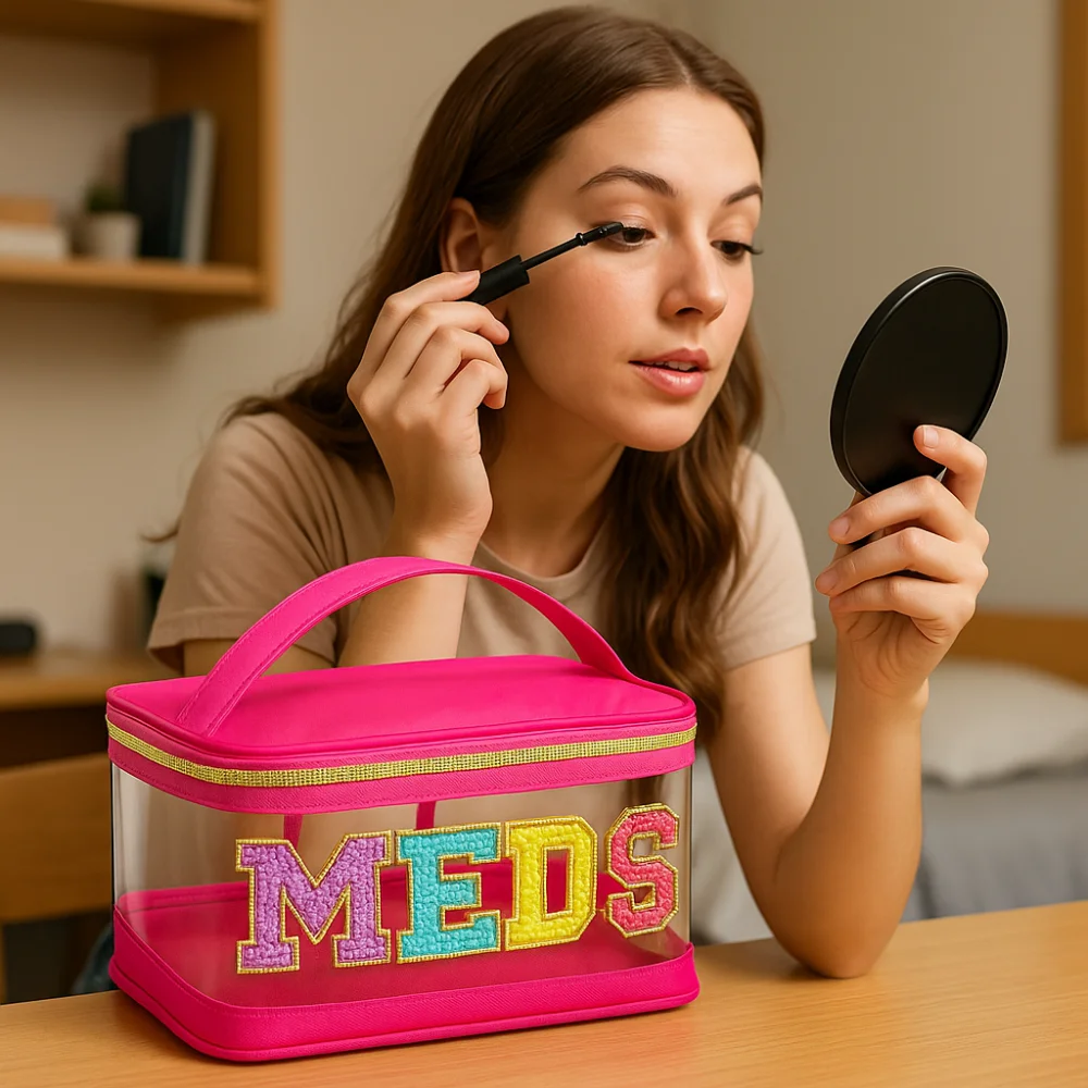 

Waterproof Embroidery Cosmetic Bag PVC Letter Patches Medicine Storage Bag with Handle Portable Transparent Wash Bags Girls