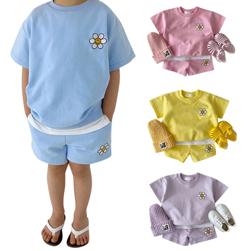 2024 Summer Children's Wear Baby Multicolor Short Sleeve Set 0-5 Years Old Cotton T-shirt Shorts Two Piece ins Simple Sportswear