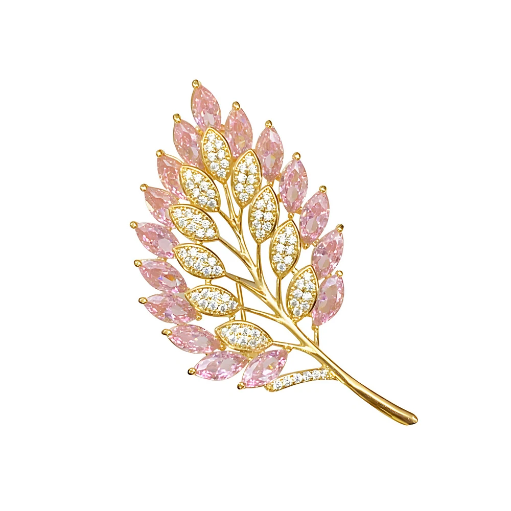 

Light Luxury Zirconia Leaf Brooch for Women Elegant Crystal Leaves Feather Shape Design Copper Plated With Gold Brooch Nice Gift