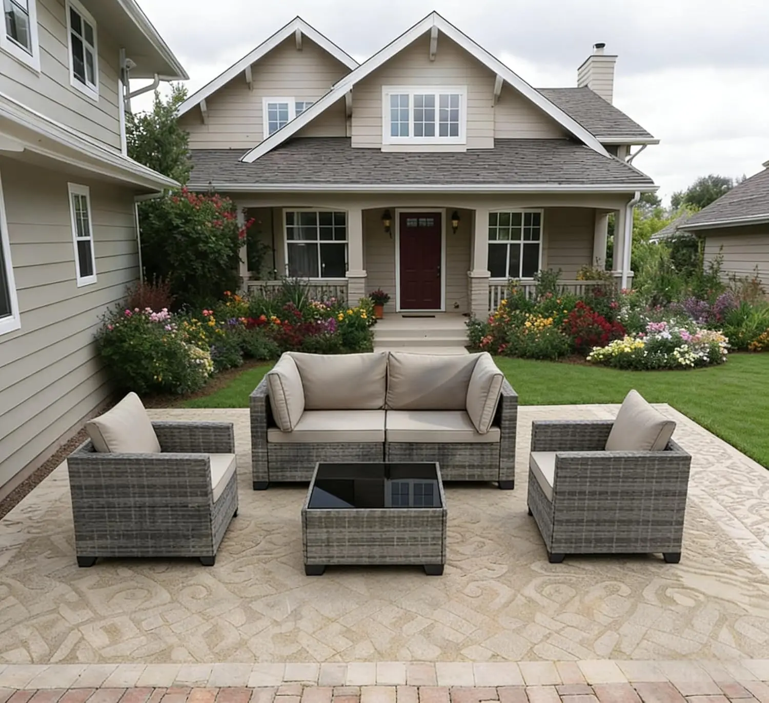 

7 Pieces Outdoor Patio Furniture Sets, All-Weather Sectional Sofa Grey PE Rattan Wicker Conversation Set With Glass, Customized