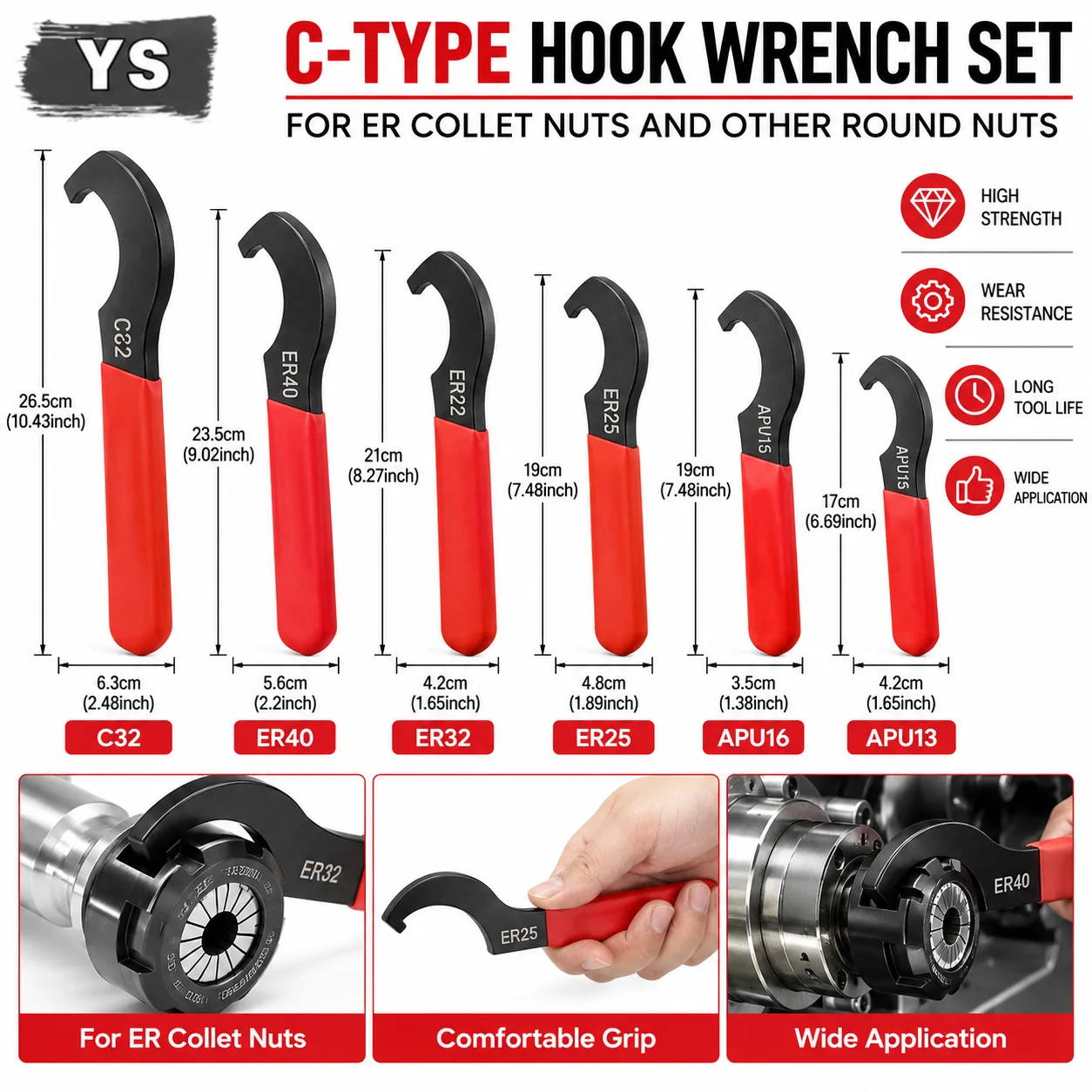 YS C-Type Hook Spanner Wrench Set ER25 ER32 ER40 APU13 APU16 Universal Shock Absorber Adjustment Tool for Motorcycle Car Repair