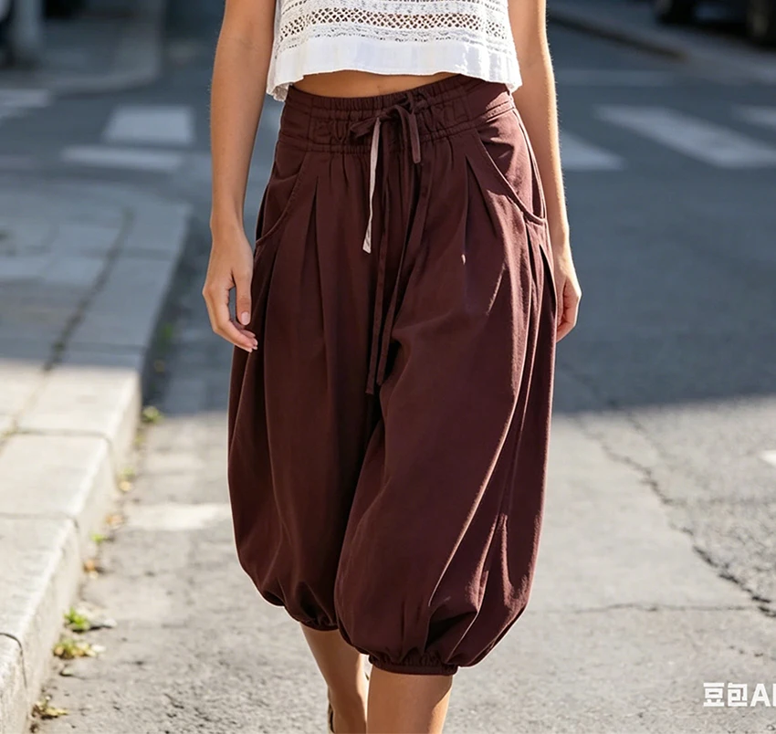Women's Loose Lantern Slacks Pants Casual Elastic Waist Solid Baggy Trousers Drawstring and Cuffed Hem for Beach Travel Vacation