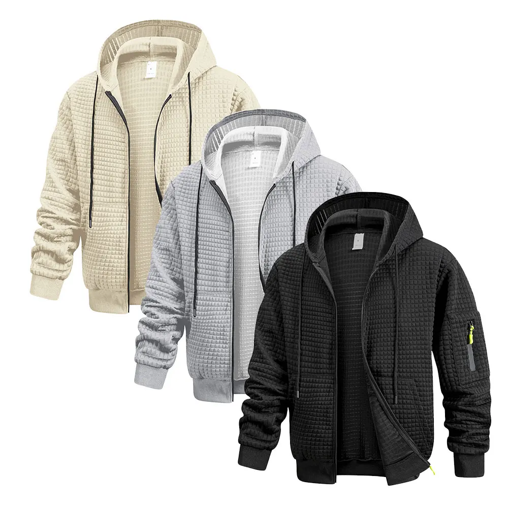 

Mens Waffle Jacket Simple Stylish Autumn Winter Sportwear Warm Casual Multiple Pockets Outwear Zip Up Hooded Coats for Men