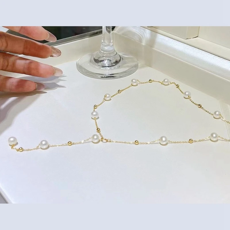 6-7mm Near Round Natural Freshwater Pearl Star Necklace Jewelry 14K Gold Filled Romantic Link Chain with Multiple Wear Methods