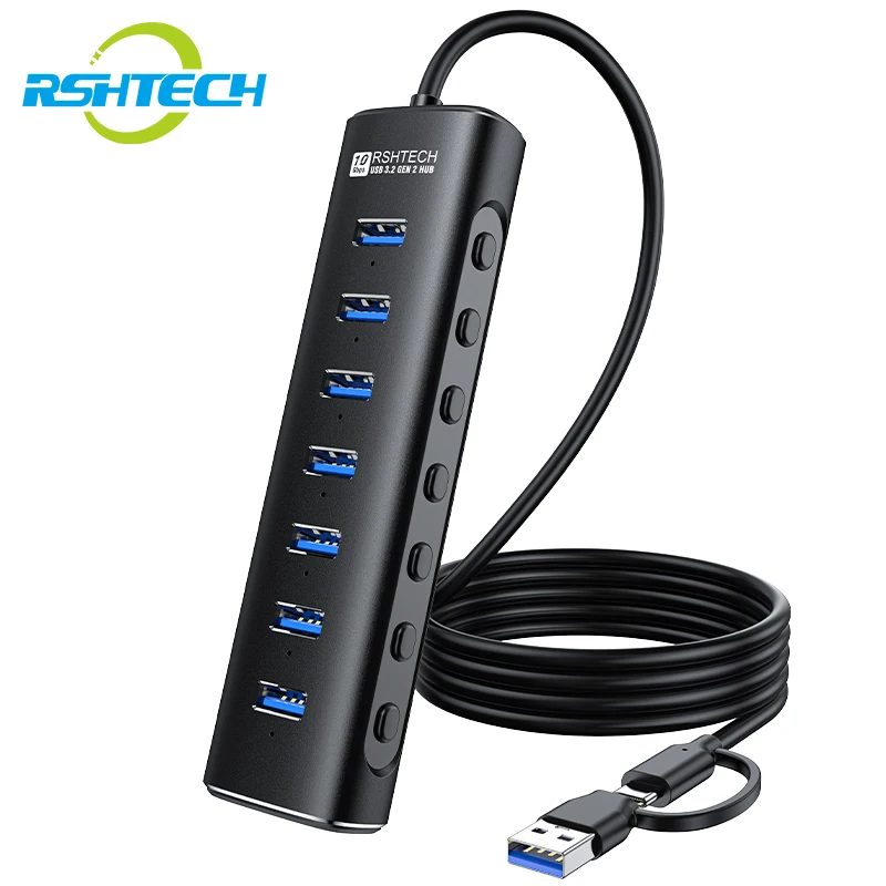 RSHTECH USB Hub 7 Ports USB 3 2 Gen 2 Splitter 10Gbps USB-A to USB-C Data Cable Individual Switches USB C Hub for Laptop PC