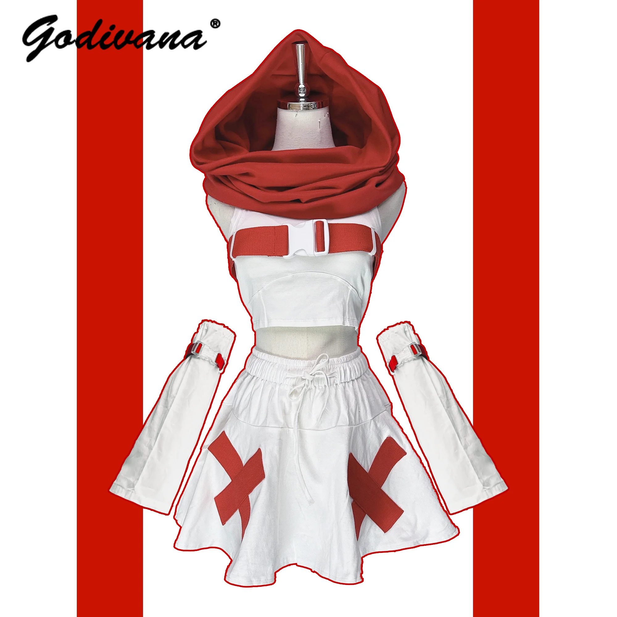 

Оригинальный дизайн, механический синий и белый шарф, комплект из жилета и юбки для девочек, женские комплекты Y2K Cos, красно-белые наряды