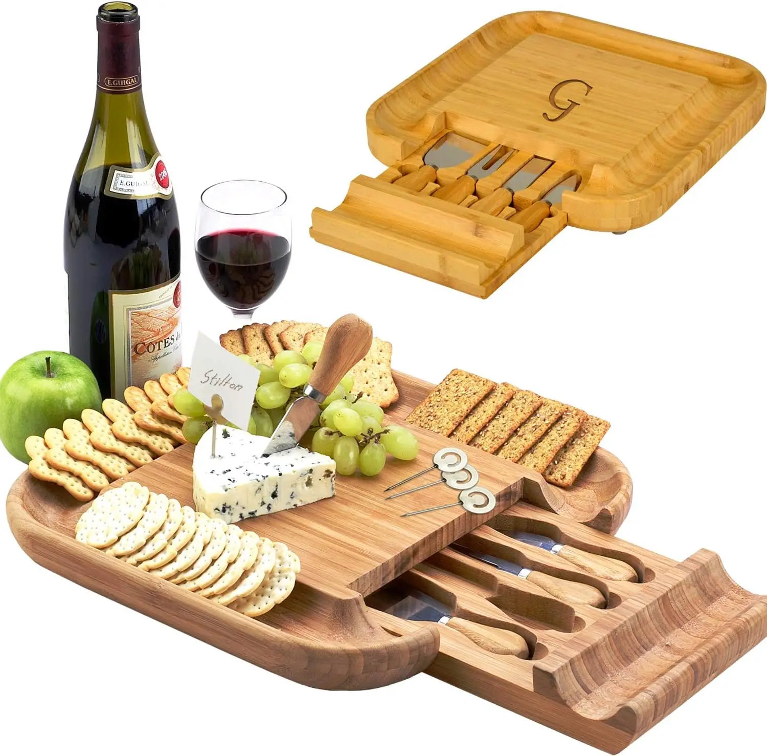 

Personalized Monogrammed Engraved Bamboo Cutting Board for Cheese & Charcuterie with Knife Set & Cheese Markers- Designe