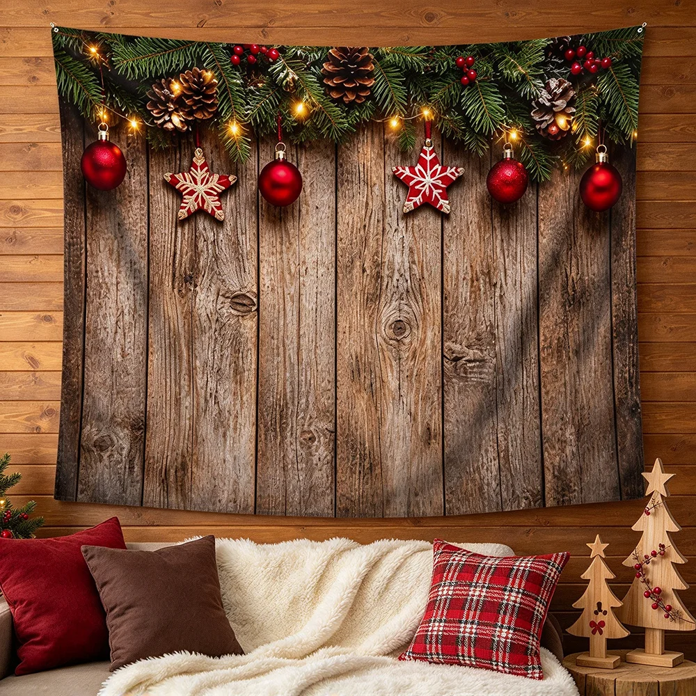 1PCS Tapestry, Wooden Wall Pine Garland Red Balls Snowflake Scene, Holiday Party Decoration for Home Studio Wall